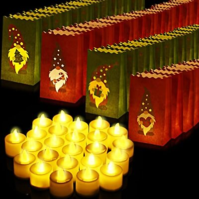 50 Set Christmas Luminary Bags with Flameless Candles LED Tea Lights Paper Xm...