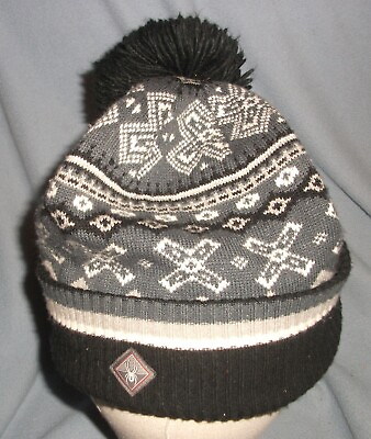 SPYDER KNIT SKI CAP Black amp; Gray Nordic Winter Snow Beanie Slouch Hat Large Pom