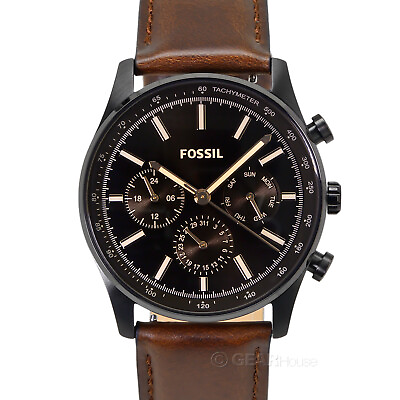#ad #ad FOSSIL Sullivan Mens Multifunction Watch Black Dial Day Date Brown Leather Band