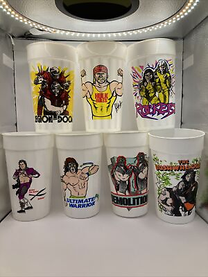 1989 1990 WWF WWE Titan Sports Plastic cups Lot of 7 Hogan Warrior Demolition