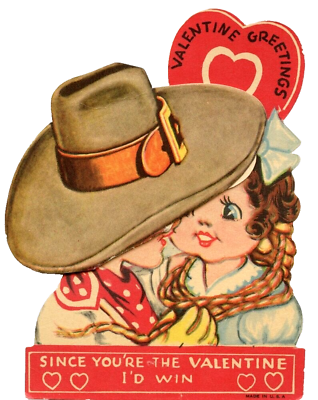 #ad Vtg Valentine Card Die Cut Cowboy Hat Girl Lasso Hope Rope You In I#x27;d Win 1930s