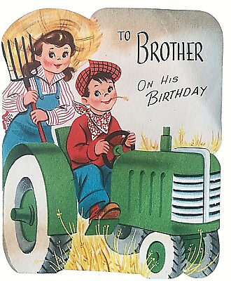#ad Vintage Birthday Greeting Card Green Tractor Fun Graphics Farm Brother USED USA