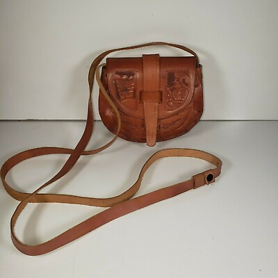 VTG PERU Small Artisan Hand Tooled Crafted Genuine Leather Crossbody Bag Purse