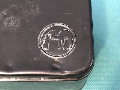 #ad Antique Tin with Camel and Bedouin Design Embossed on Lid 6x2.5x3.5 inches