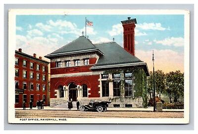 #ad Postcard Haverhill Massachusetts Post Office Building Old Car