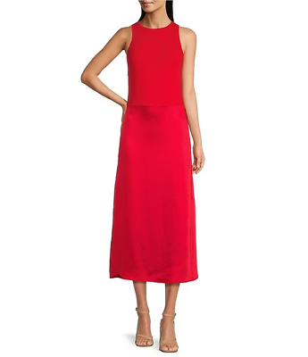 #ad #ad HUGO BOSS Flaurelia Mixed Media Crew Neck Sleeveless Red Dress 2XL 398.00