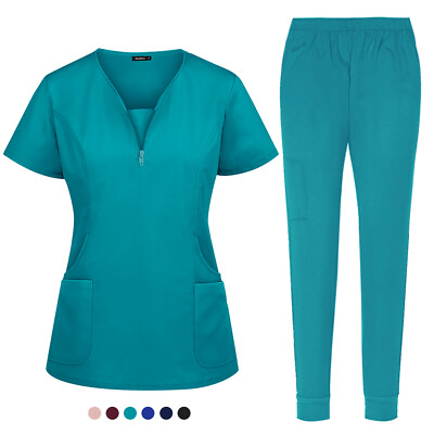 #ad Stretch Scrub Women Solid V Neck Top Cargo Jogger Pant Medical Nurse Uniform