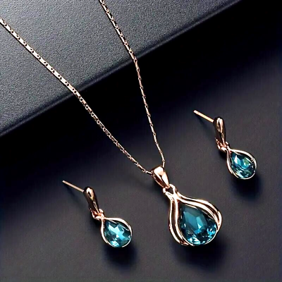 #ad 3 PCS Fashion Blue Water Drop Pendant Necklace Earrings GemStone Women Set Gift