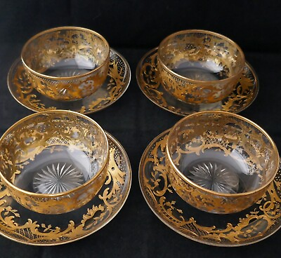 #ad Antique Set 4 MOSER Hand painted Gold enameled Finger Dessert Bowls amp; Plates