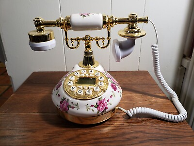 Retro Antique 1960#x27;s Corded Landline Telephone White Gold Roses Pushbutton