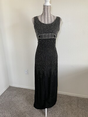 #ad Vtg 90s Papell Boutique Evening Gown Women Sz 4 Mesh Black Silk Silver Beaded