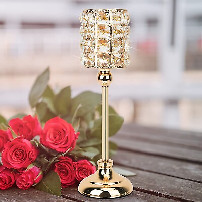 Candle Holder Crystal Gold 14 in Table Pillar Candle Centerpiece Wedding Decor