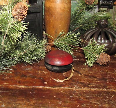 #ad Primitive Antique Vtg Childs Toy Wooden RED BLACK Yo Yo with String
