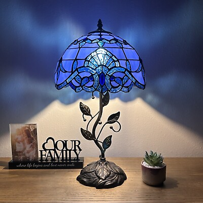 #ad Tiffany Style Table Lamp Blue Stained Glass Baroque Style LED Bulb Included H22”