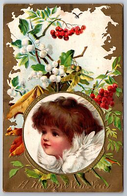 #ad New Year Brown Eyed Brundage Angel Face Girl Holly Berry Mistletoe Gold AMP 1909