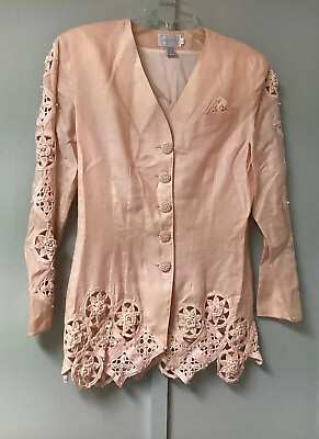 #ad Vintage Anne French Size 10 Coral Ramie 100% Beaded Button Pearl Long Sleeve