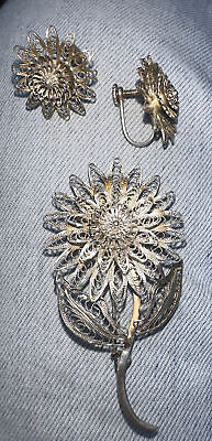 Antique 1930s Silver Filigree Flower Brooch Pin amp; Screw bk earrings GOOD cond
