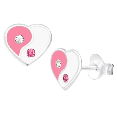 #ad 8mm Pink amp; White Heart Yin Yang with CZ Studs Solid 925 Sterling Silver Push Bac