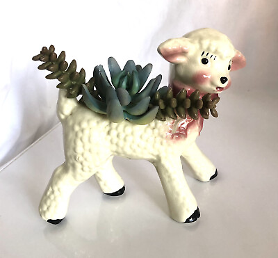 Lamb Ceramic Flower Pot 6.5”X 7” Pink Bow Vintage SALE