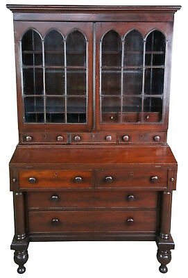 #ad Rare Antique Federal American Mahogany Secretary Writing Desk Gothic Bookcase