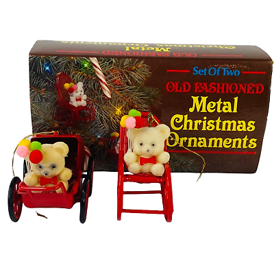 #ad Vintage 2 Old Fashioned Metal Christmas Ornaments Bears in Buggy and Chair 1986