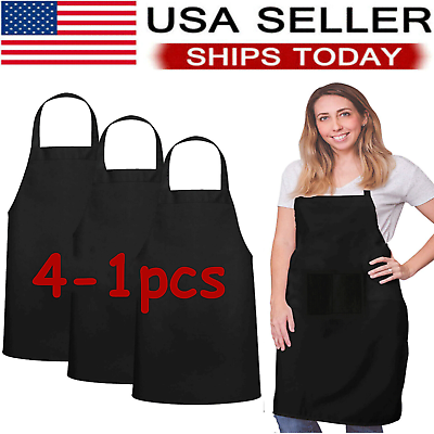 Solid Cooking Kitchen Restaurant Bib Apron Unisex Dress Black with 2 Pocket 1 4