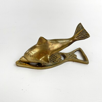Vintage Brass Fish Dolphin Paper Note Clip Bottle Cap Opener 4quot;