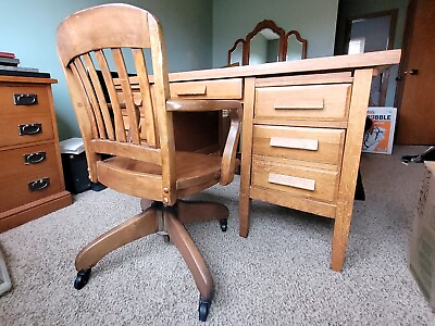Antique Solid Oak Teacher#x27;s Desk and Chair