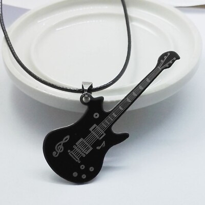 #ad MEN Stainless Steel Necklace Leather Rope Music Rock Guitar Pendant 1261