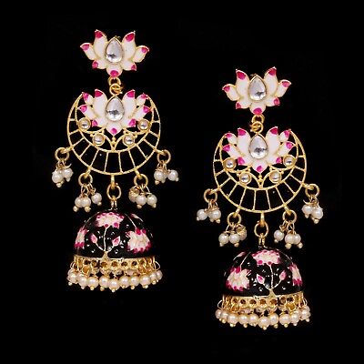 #ad Indian Style Gold Tone Jhumki Jhumka Earring Lotus Design Ethnic Earring Jewelry