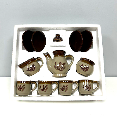 #ad #ad 12 piece Stoneware Vintage Childs Toy Tea Set Brown Pottery Wheat Design Cups