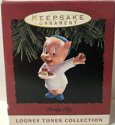 #ad 1993 Hallmark Keepsake Porky Pig Looney Tunes Cookies Milk Christmas Ornament