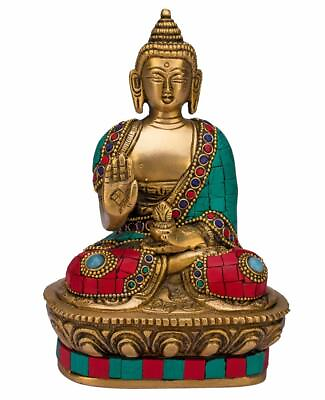 #ad Buddha Statue Blessing Brass Multicolor Stone Handwork Home Decor Figurine
