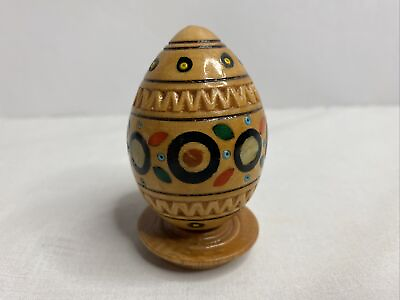 #ad Hand painted Carved Wood Egg with Stand Inlaid Abalone ? Stone ?