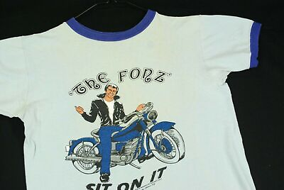 #ad Vintage 70s The Fonz Sit On It Ringer T Shirt Youth Boys Blue TV Show Promo