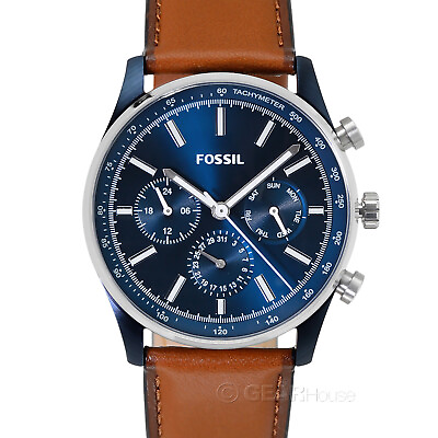 #ad #ad FOSSIL Sullivan Mens Multifunction Watch Blue Dial Day Date Brown Leather Band