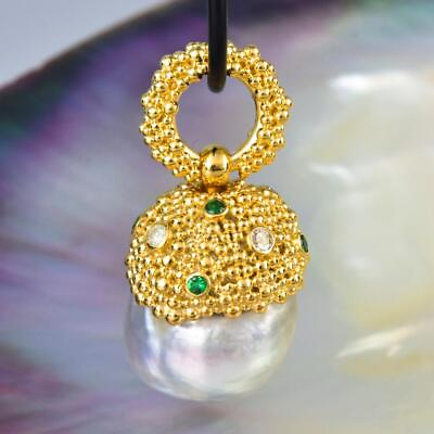 #ad Gigantic South Sea Pearl Pendant Gold Vermeil Sterling Diamond amp; Emerald 14.96g