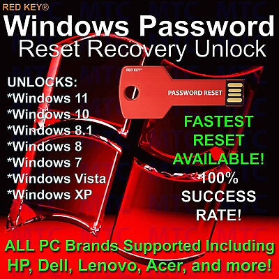 Windows Password Reset Unlock for Win 11 10 8 7 Vista XP RED KEY USB