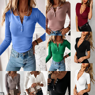 Women#x27;s Basic Tee T Shirt V Neck Knit Long Sleeve Solid Knit Plain Tops Fitted