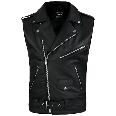DEFY Men#x27;s Sleeveless Biker Style Classic Vest Belted Punk Genuine Leather Vest