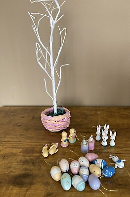 Wooden Easter Tree Ornaments 23pc Hand Painted And Tree with Bendable Branches