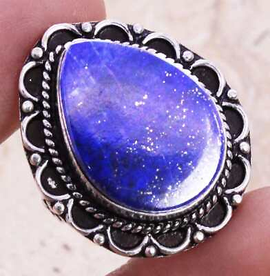 #ad Elegant Lapis Lazuli 925 Silver Plated Handmade Ring of US Size 7.5 Ethnic