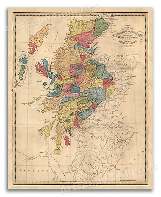 #ad 1822 Map of the Highlands of Scotland and Scottish Highland Clans 16x20