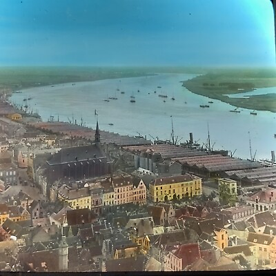 #ad Magic Lantern Glass Slide Photo Panorama Antwerp Belgium Color From Tower