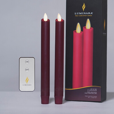 Set of 2 Luminara Flameless Wax Taper Candles Moving Wick Remote 8quot; Burgundy