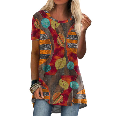 #ad Womens Boho Floral Short Sleeve T Shirt Ladies Casual Loose Tunic Tops Blouse US