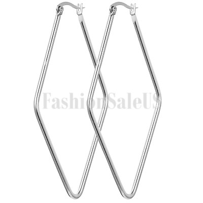 #ad Stylish Stainless Steel Women#x27;s Geometric Rhombus Shaped Hoop Huggie Earrings