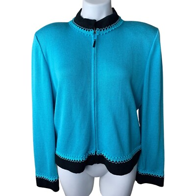 #ad Eric Steven Vintage Cardigan Sweater Blue Black Full Zip Shoulder Pads USA 16