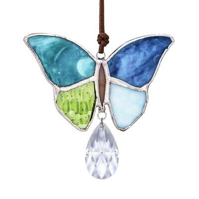 Vintage Stained Glass Blue Butterfly Hanging Pendant Crystal Window Decorations