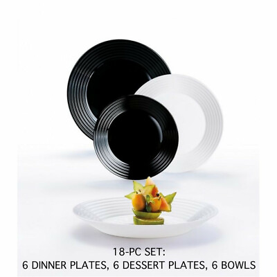 #ad 18 pc DINNER SET Luminarc HARINA Black White Plates Set Tempered Glass